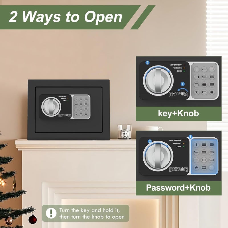 Patron small safe box with key，mini safe for money，small coin safes for home with code，little jewelry lock box for kids，Wall or Cabinet Safe for personal items，0.236 Cubic Feet Black - Image 5